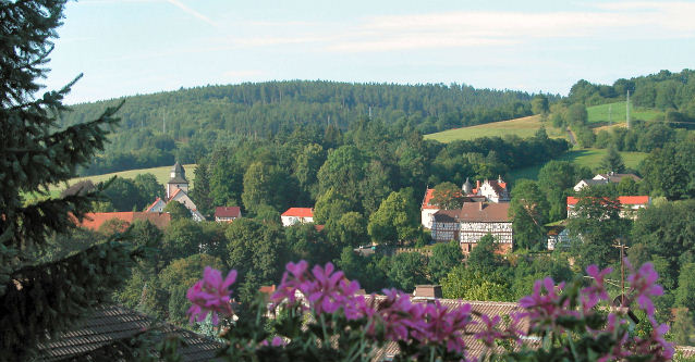 Blick vom Balkon unseres Hauses auf Ev. Kirche, Obere Burg mit Schenck-Schloss.
